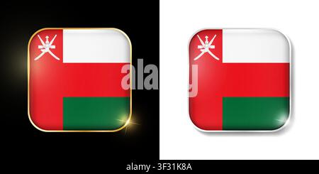 Oman flag shiny golden and silver icons isolated on black and white. Vector 3D square rounded illuminated buttons with shadow. Use for bets, tournamen Stock Vector