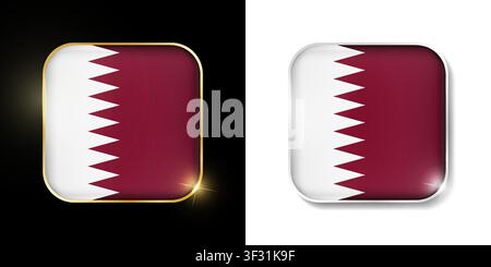 Qatar flag shiny golden and silver icons isolated on black and white. Vector 3D square rounded illuminated buttons with shadow. Use for bets, tourname Stock Vector