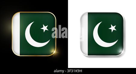 Pakistan flag shiny golden and silver icons isolated on black and white. Vector 3D square rounded illuminated buttons with shadow. Use for bets, tourn Stock Vector