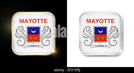 Mayotte flag shiny golden and silver icons isolated on black and white. Vector 3D square rounded illuminated buttons with shadow. Use for bets, tourna Stock Vector