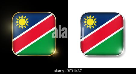 Namibia flag shiny golden and silver icons isolated on black and white. Vector 3D square rounded illuminated buttons with shadow. Use for bets, tourna Stock Vector