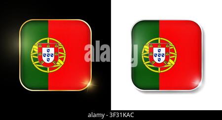 Portugal flag shiny golden and silver icons isolated on black and white. Vector 3D square rounded illuminated buttons with shadow. Use for bets, tourn Stock Vector