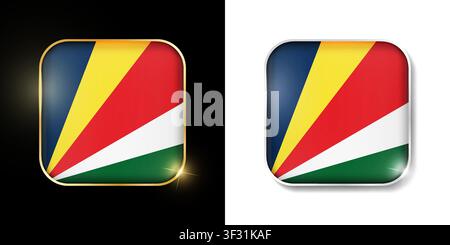 Seychelles flag shiny golden and silver icons isolated on black and white. Vector 3D square rounded illuminated buttons with shadow. Use for bets, tou Stock Vector