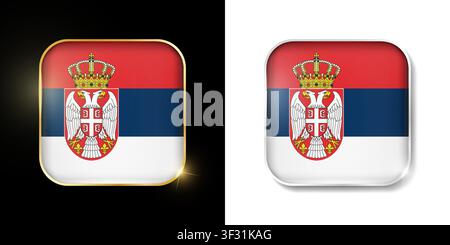 Serbia flag shiny golden and silver icons isolated on black and white. Vector 3D square rounded illuminated buttons with shadow. Use for bets, tournam Stock Vector