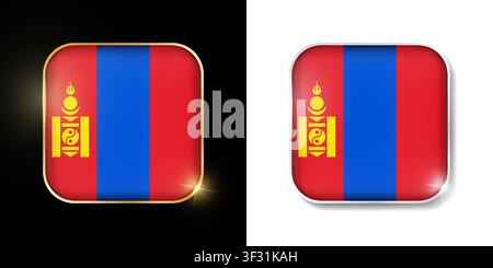Mongolia flag shiny golden and silver icons isolated on black and white. Vector 3D square rounded illuminated buttons with shadow. Use for bets, tourn Stock Vector