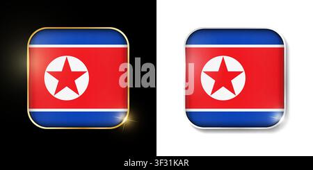 North Korea flag shiny golden and silver icons isolated on black and white. Vector 3D square rounded illuminated buttons with shadow. Use for bets, to Stock Vector