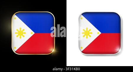 Philippines flag shiny golden and silver icons isolated on black and white. Vector 3D square rounded illuminated buttons with shadow. Use for bets, to Stock Vector