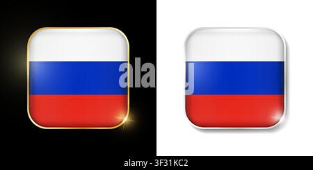Russia flag shiny golden and silver icons isolated on black and white. Vector 3D square rounded illuminated buttons with shadow. Use for bets, tournam Stock Vector