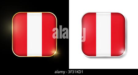 Peru flag shiny golden and silver icons isolated on black and white. Vector 3D square rounded illuminated buttons with shadow. Use for bets, tournamen Stock Vector