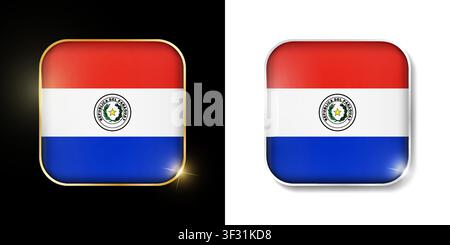 Paraguay flag shiny golden and silver icons isolated on black and white. Vector 3D square rounded illuminated buttons with shadow. Use for bets, tourn Stock Vector