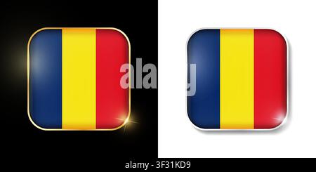 Romania flag shiny golden and silver icons isolated on black and white. Vector 3D square rounded illuminated buttons with shadow. Use for bets, tourna Stock Vector
