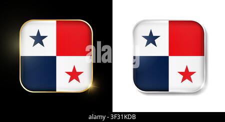 Panama flag shiny golden and silver icons isolated on black and white. Vector 3D square rounded illuminated buttons with shadow. Use for bets, tournam Stock Vector