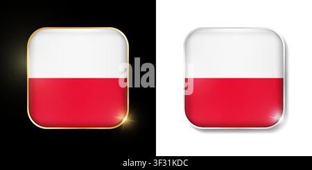 Poland flag shiny golden and silver icons isolated on black and white. Vector 3D square rounded illuminated buttons with shadow. Use for bets, tournam Stock Vector