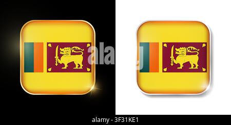 Sri Lanka flag shiny golden and silver icons isolated on black and white. Vector 3D square rounded illuminated buttons with shadow. Use for bets, tour Stock Vector