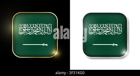 Saudi Arabia flag shiny golden and silver icons isolated on black and white. Vector 3D square rounded illuminated buttons with shadow. Use for bets, t Stock Vector