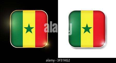 Senegal flag shiny golden and silver icons isolated on black and white. Vector 3D square rounded illuminated buttons with shadow. Use for bets, tourna Stock Vector