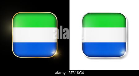 Sierra Leone flag shiny golden and silver icons isolated on black and white. Vector 3D square rounded illuminated buttons with shadow. Use for bets, t Stock Vector