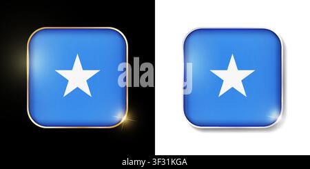 Somalia flag shiny golden and silver icons isolated on black and white. Vector 3D square rounded illuminated buttons with shadow. Use for bets, tourna Stock Vector