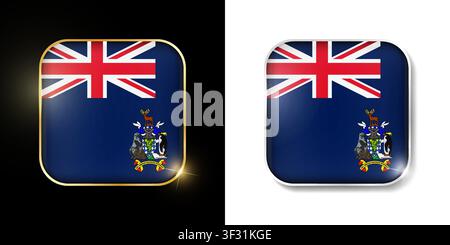 South Georgia flag shiny golden and silver icons isolated on black and white. Vector 3D square rounded illuminated buttons with shadow. Use for bets, Stock Vector