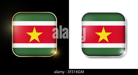 Suriname flag shiny golden and silver icons isolated on black and white. Vector 3D square rounded illuminated buttons with shadow. Use for bets, tourn Stock Vector
