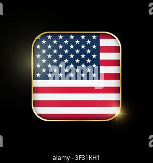 USA flag square shiny golen icon isolated on black background. Vector 3D square rounded illuminated button. Use for bets, tournament, olympic games. V Stock Vector