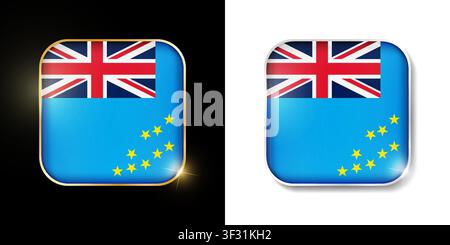 Tuvalu flag shiny golden and silver icons isolated on black and white. Vector 3D square rounded illuminated buttons with shadow. Use for bets, tournam Stock Vector