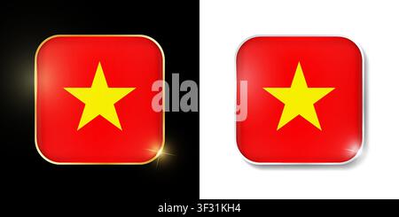 Vietnam flag shiny golden and silver icons isolated on black and white. Vector 3D square rounded illuminated buttons with shadow. Use for bets, tourna Stock Vector