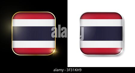 Thailand flag shiny golden and silver icons isolated on black and white. Vector 3D square rounded illuminated buttons with shadow. Use for bets, tourn Stock Vector