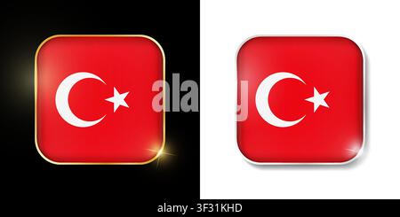 Turkey flag shiny golden and silver icons isolated on black and white. Vector 3D square rounded illuminated buttons with shadow. Use for bets, tournam Stock Vector