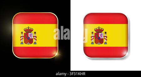 Spain flag shiny golden and silver icons isolated on black and white. Vector 3D square rounded illuminated buttons with shadow. Use for bets, tourname Stock Vector