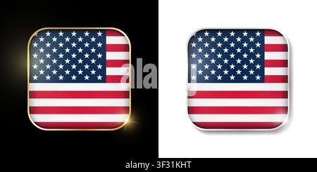 USA flag round shiny golen and silver icons isolated on black and white background. Vector 3D square rounded illuminated buttons with shadow. Use for Stock Vector