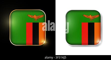 Zambia flag shiny golden and silver icons isolated on black and white. Vector 3D square rounded illuminated buttons with shadow. Use for bets, tournam Stock Vector