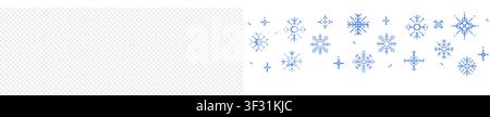 Pixel winter snowflake border, seasonal blue crystal seamless decorative elements in pixel art. Holiday simple flakes 90's aesthetics. Retro pixilated 8 bit game. Vector illustration Stock Vector