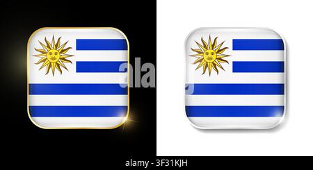 Uruguay flag shiny golden and silver icons isolated on black and white. Vector 3D square rounded illuminated buttons with shadow. Use for bets, tourna Stock Vector