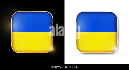 Ukraine flag shiny golden and silver icons isolated on black and white. Vector 3D square rounded illuminated buttons with shadow. Use for bets, tourna Stock Vector