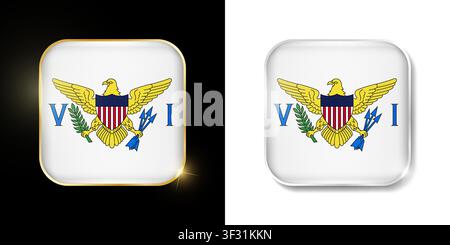 United States Virgin Islands flag shiny golden and silver icons isolated on black and white. Vector 3D square rounded illuminated buttons with shadow. Stock Vector