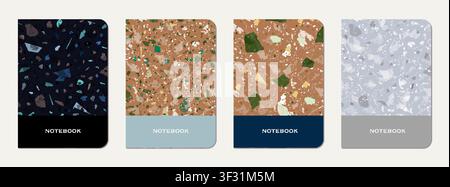 Notebook cover design. Terrazzo abstract background made of natural stones, granite, quartz and marble. Venetian terrazzo texture notebook cover template. Stock Vector