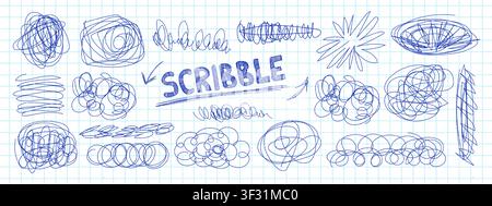 Chaotic pen sketches with tangled scribble lines and doodle circles vector illustration set. Stock Vector
