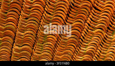 Close-up of stacked orange clay roof tiles with wavy patterns and green moss, creating a textured architectural background for building designs. Stock Photo