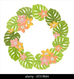 Vector illustration of a round tropical wreath. Circular monstera leaf frame with colorful plumeria flowers for wedding invitation and logo design. Stock Vector