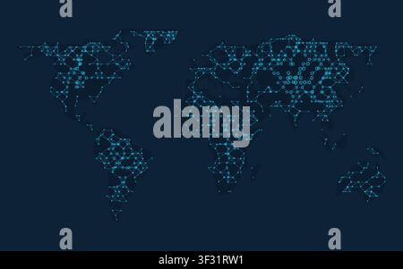 A world map built from glowing digital nodes and softly connected data points, spreading across a deep navy background like a living network a strikin Stock Vector