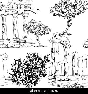 Seamless pattern of Greek, Roman temple ruins, stone columns, olive trees. Hand drawn pencil illustration, Mediterranean heritage. Museum gift Stock Vector