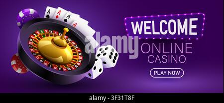 Welcome to online casino banner with roulette and playing cards. Gamblers game design. Vector illustration Stock Vector
