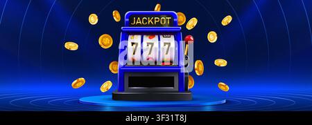 Casino slot machine with hitting the jackpot and falling gold coins on blue background. Vector illustration Stock Vector