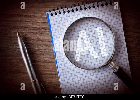 Magnifying glass highlighting AI text on a spiral notebook beside a pen on a wooden surface. Artificial intelligence and technology concept. Stock Photo