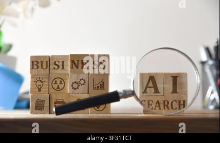 Magnifying glass highlighting AI Search blocks beside business icons, representing artificial intelligence research, analysis, innovation, and data-dr Stock Photo