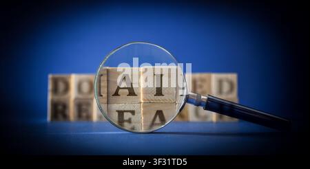 Magnifying glass highlights AI letters on wooden blocks against a blue background, symbolizing artificial intelligence, research, technology, analysis Stock Photo