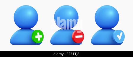 3D user profile icons set with add, remove and check marks for social media interface. Vector illustration Stock Vector
