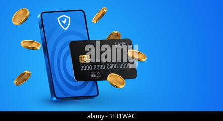 Mobile banking and secure digital payment concept with smartphone, credit card and coins. Vector illustration Stock Vector