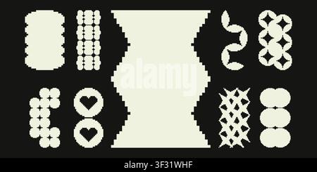 Set of retro pixel art geometric shapes and abstract masks. Minimal 8-bit style frames and design elements isolated on background. Stock Vector